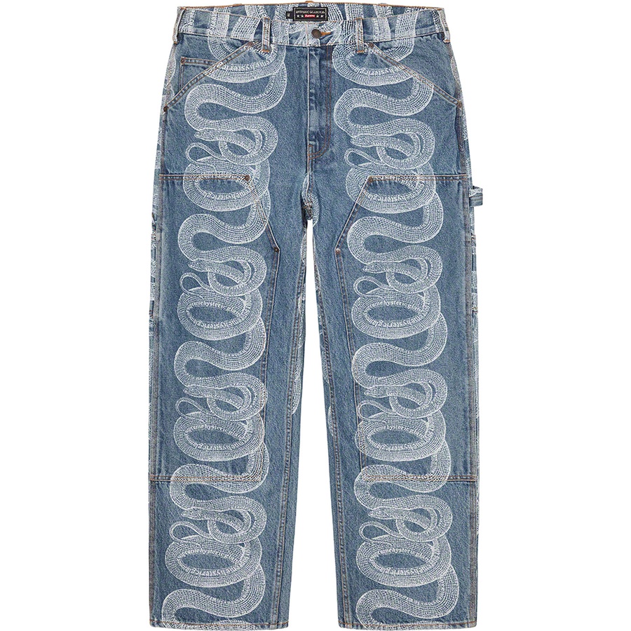 Details on Supreme HYSTERIC GLAMOUR Snake Double Knee Denim Painter Pant Blue from spring summer
                                                    2021 (Price is $188)