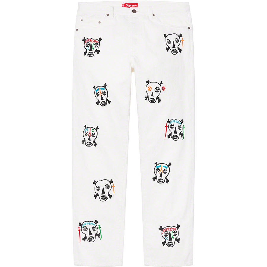 Details on Clayton Patterson Supreme Skulls Embroidered Regular Jean White from spring summer
                                                    2021 (Price is $198)
