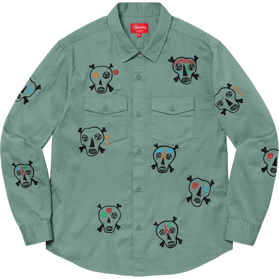 Details on Clayton Patterson Supreme Skulls Embroidered Work Shirt Dusty Green from spring summer
                                                    2021 (Price is $158)