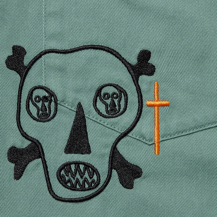 Details on Clayton Patterson Supreme Skulls Embroidered Work Shirt Dusty Green from spring summer
                                                    2021 (Price is $158)