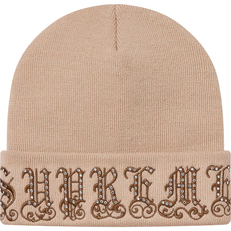 Details on Old English Rhinestone Beanie Tan from spring summer
                                                    2021 (Price is $78)