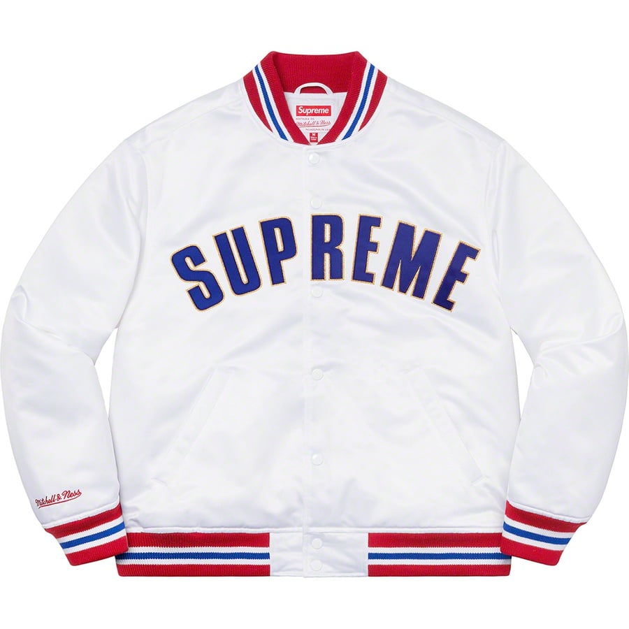 Details on Supreme Mitchell & Ness Satin Varsity Jacket White from spring summer
                                                    2021 (Price is $248)