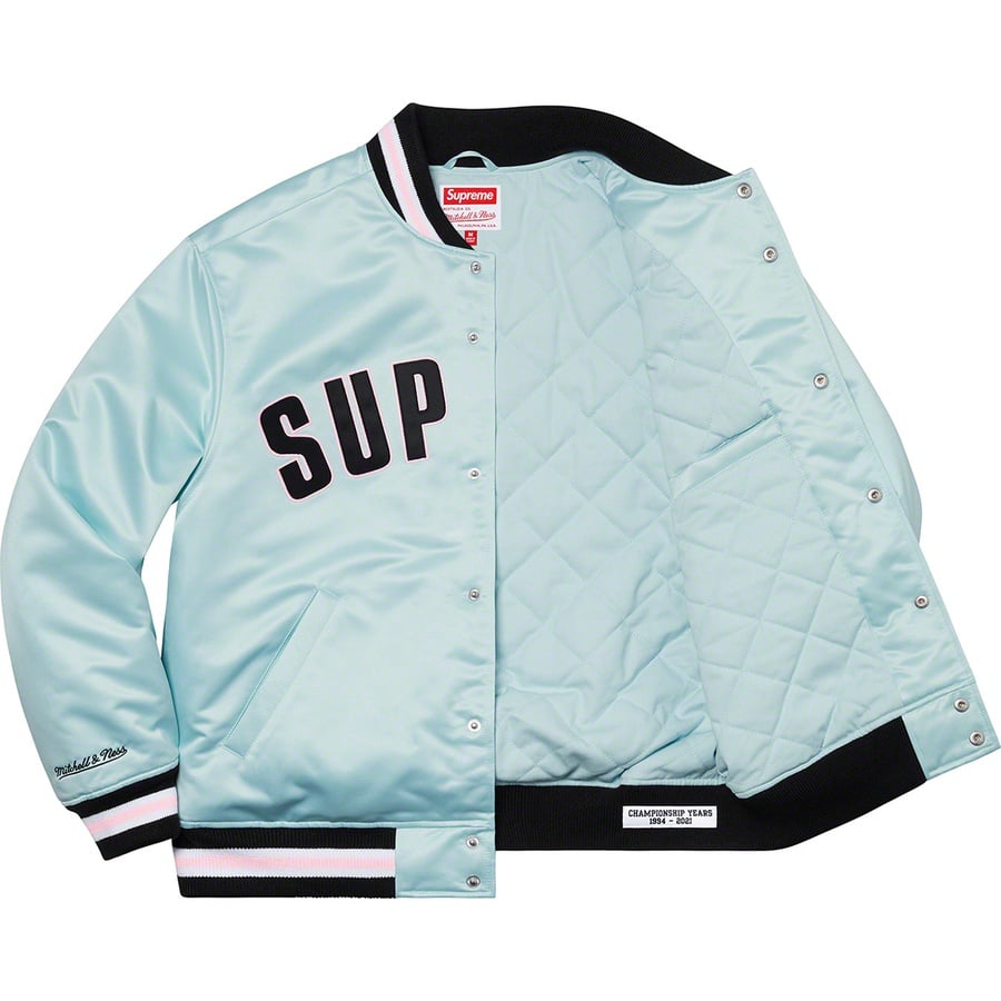 Details on Supreme Mitchell & Ness Satin Varsity Jacket Light Blue from spring summer
                                                    2021 (Price is $248)