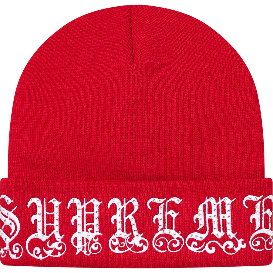 Details on Old English Rhinestone Beanie Red from spring summer 2021 (Price is $78)