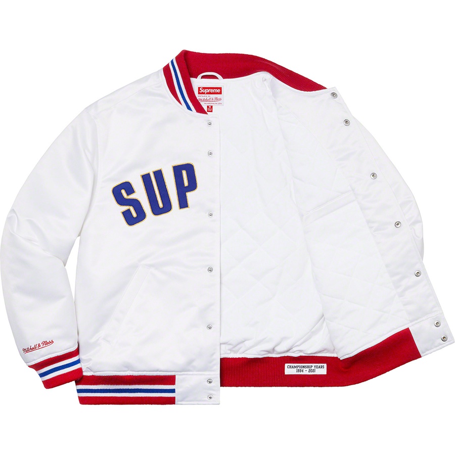 Details on Supreme Mitchell & Ness Satin Varsity Jacket White from spring summer
                                                    2021 (Price is $248)