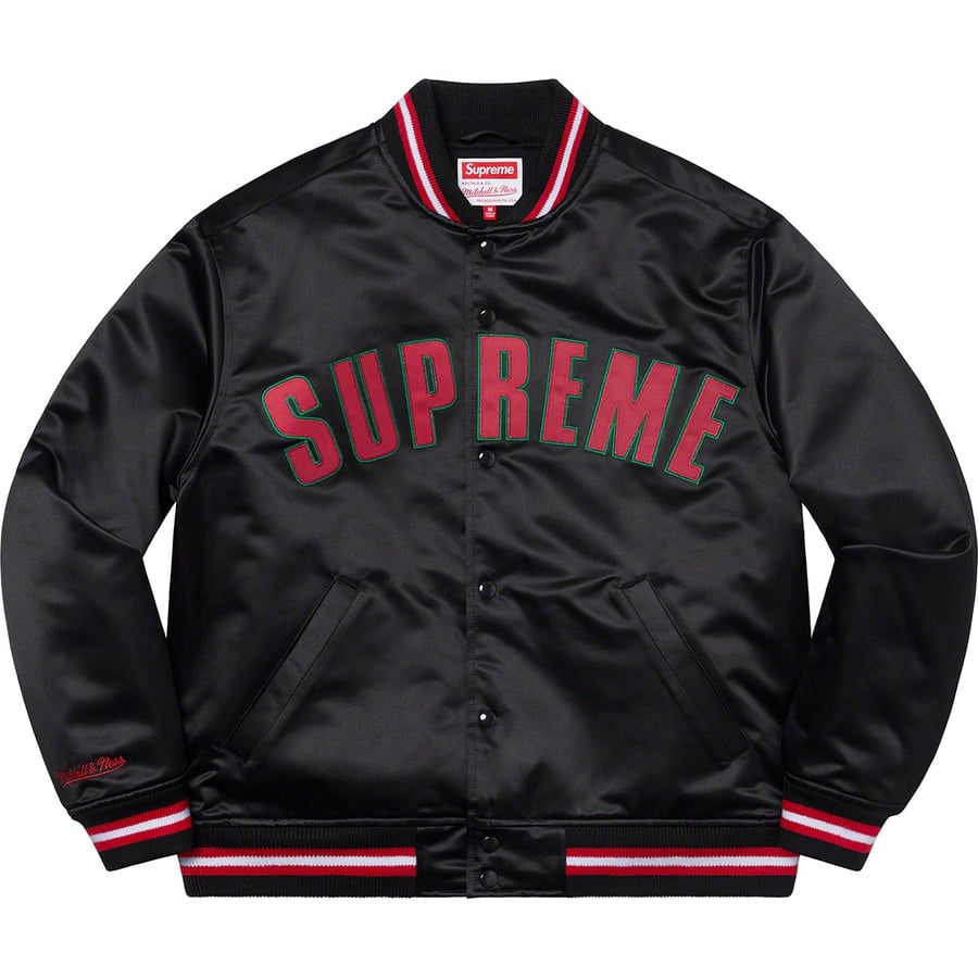 Details on Supreme Mitchell & Ness Satin Varsity Jacket Black from spring summer
                                                    2021 (Price is $248)