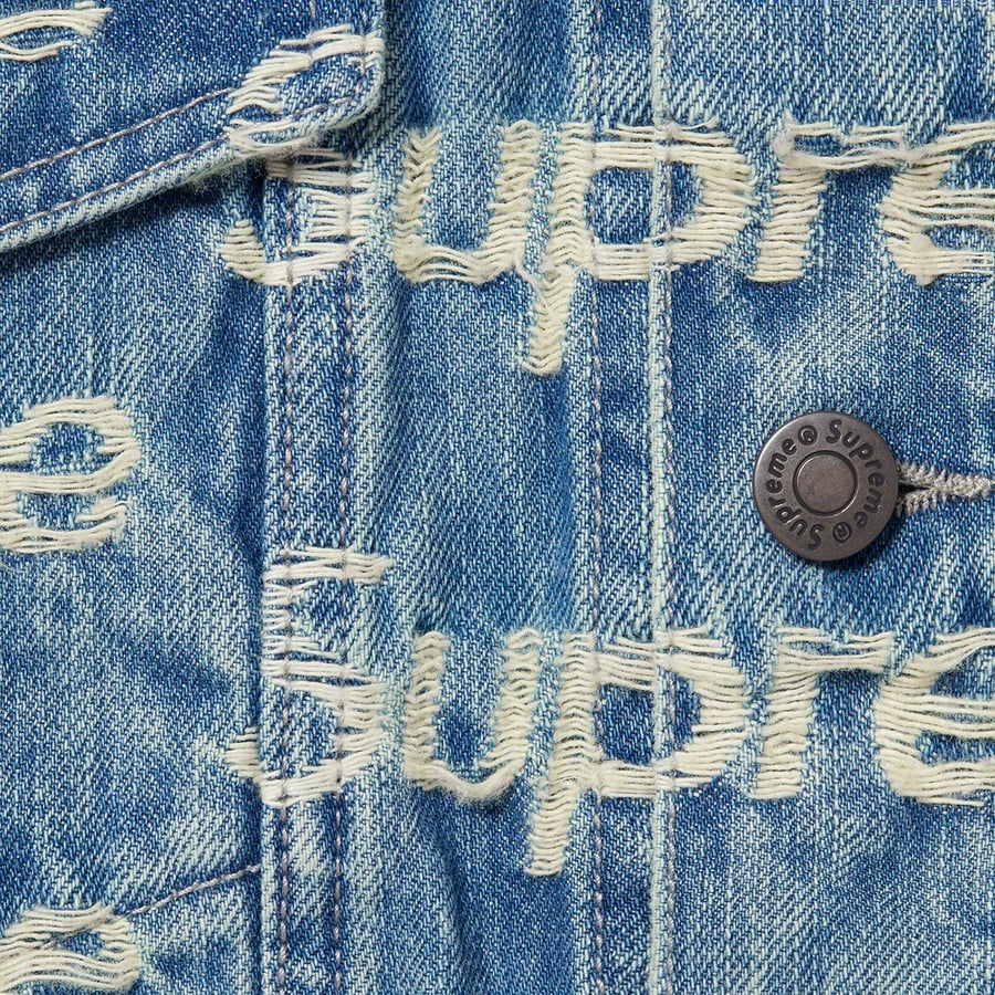 Details on Frayed Logos Denim Trucker Jacket Blue from spring summer
                                                    2021 (Price is $238)