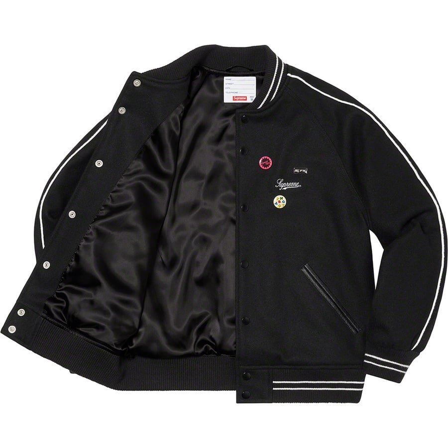 Details on Jamie Reid Supreme It's All Bollocks Varsity Jacket Black from spring summer
                                                    2021 (Price is $368)