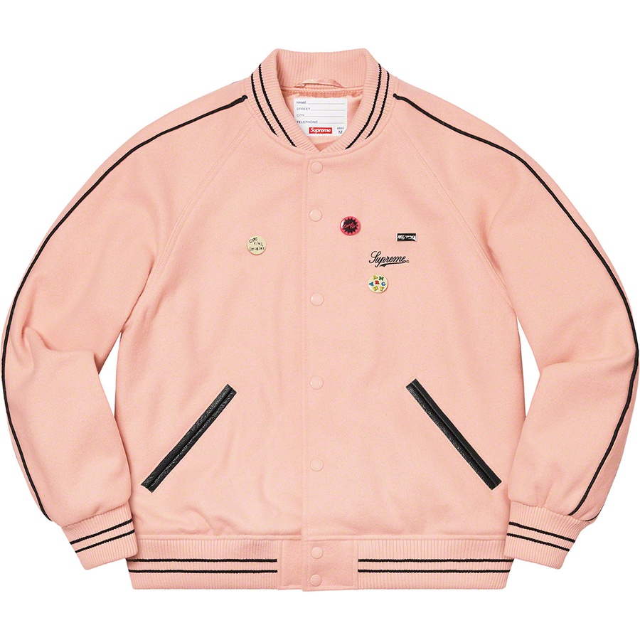 Details on Jamie Reid Supreme It's All Bollocks Varsity Jacket Dusty Pink from spring summer
                                                    2021 (Price is $368)