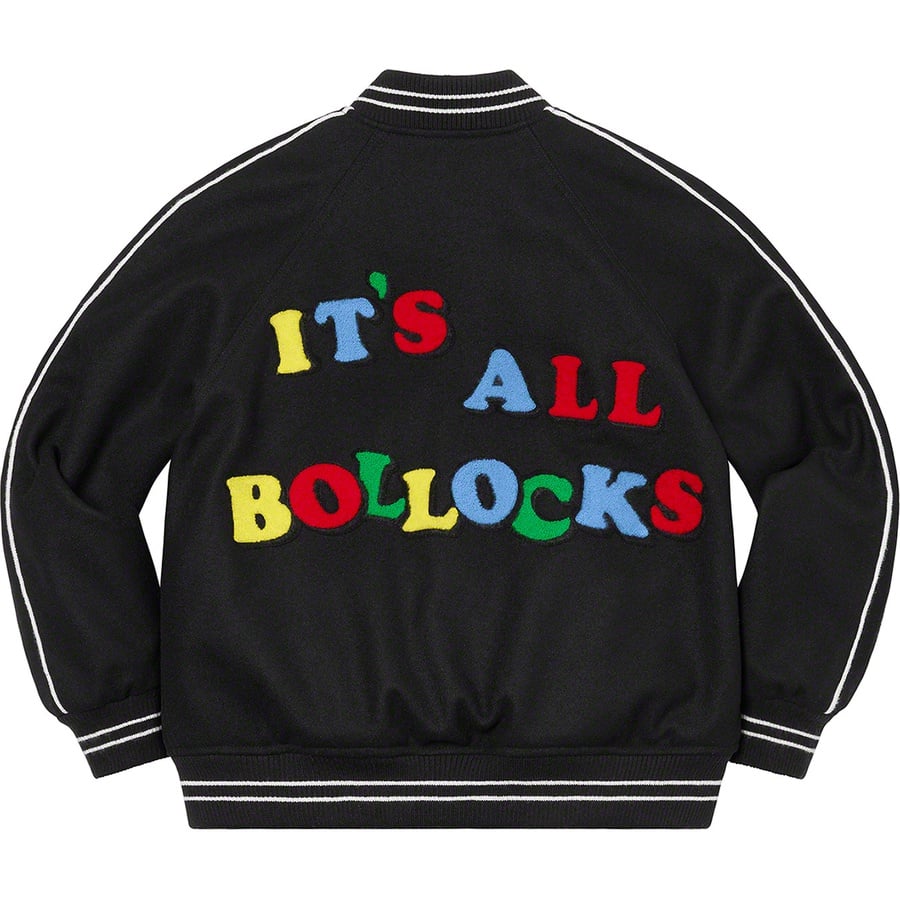 Details on Jamie Reid Supreme It's All Bollocks Varsity Jacket Black from spring summer
                                                    2021 (Price is $368)