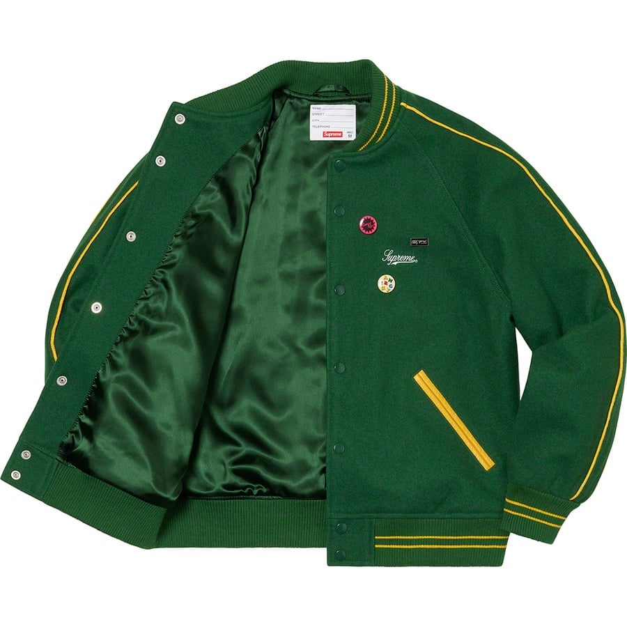 Details on Jamie Reid Supreme It's All Bollocks Varsity Jacket Dark Green from spring summer
                                                    2021 (Price is $368)