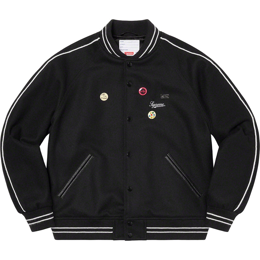 Details on Jamie Reid Supreme It's All Bollocks Varsity Jacket Black from spring summer
                                                    2021 (Price is $368)
