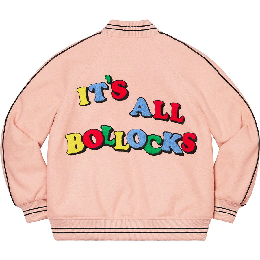 Details on Jamie Reid Supreme It's All Bollocks Varsity Jacket Dusty Pink from spring summer
                                                    2021 (Price is $368)