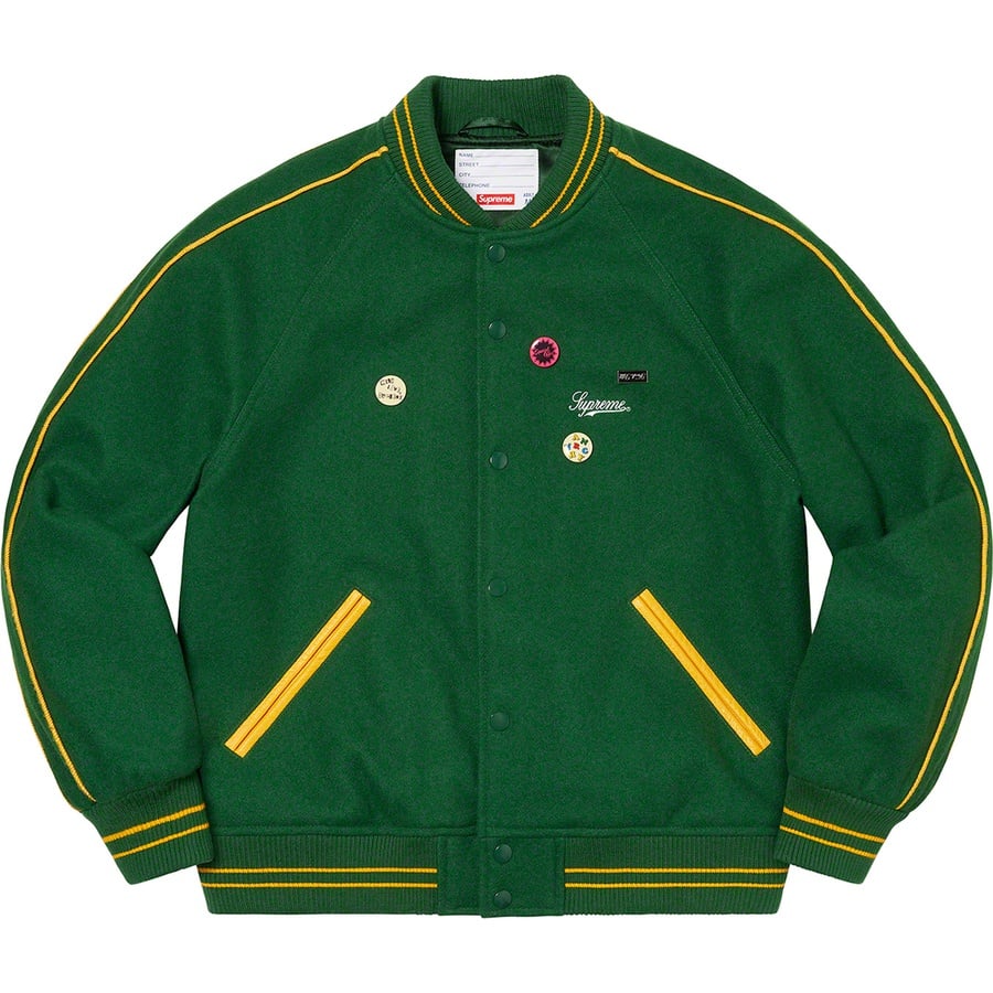 Details on Jamie Reid Supreme It's All Bollocks Varsity Jacket Dark Green from spring summer
                                                    2021 (Price is $368)