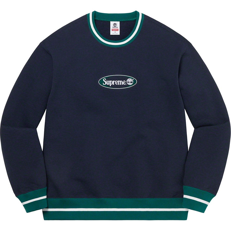 Details on Supreme Timberland Crewneck Navy from spring summer
                                                    2021 (Price is $158)