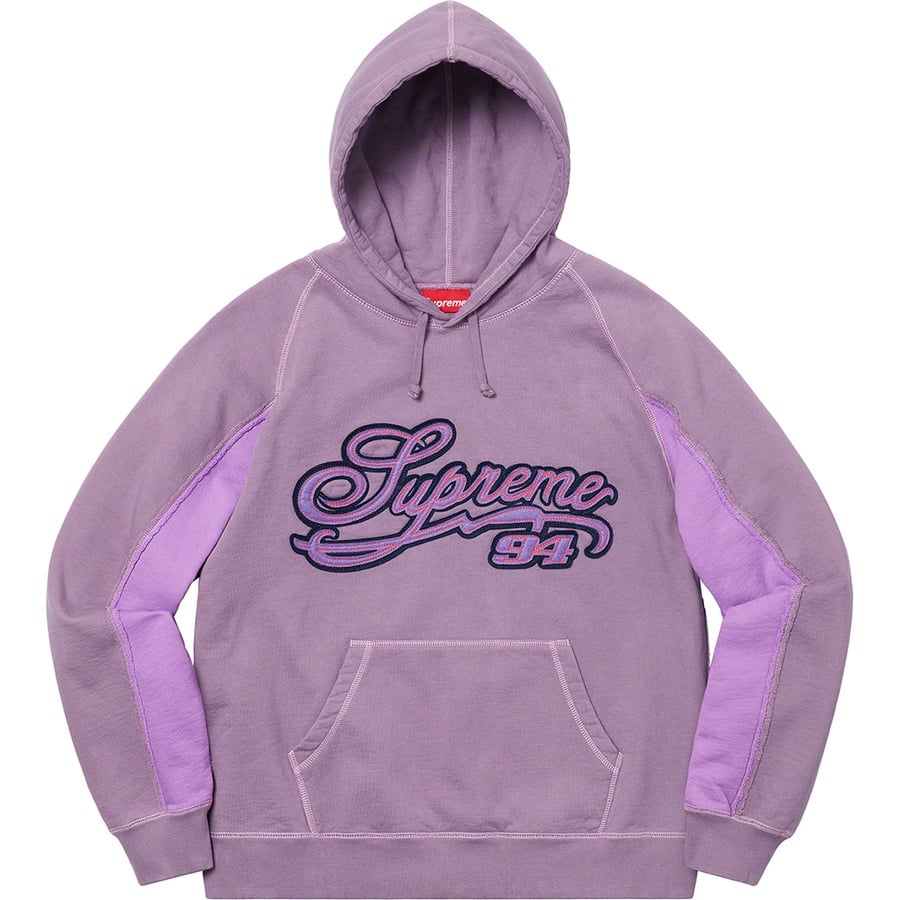 Details on Paneled Script Hooded Sweatshirt Dusty Purple from spring summer
                                                    2021 (Price is $158)