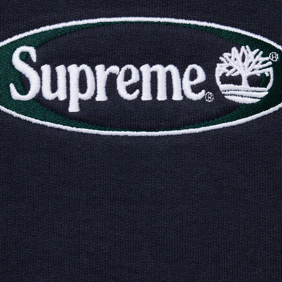 Details on Supreme Timberland Crewneck Navy from spring summer
                                                    2021 (Price is $158)