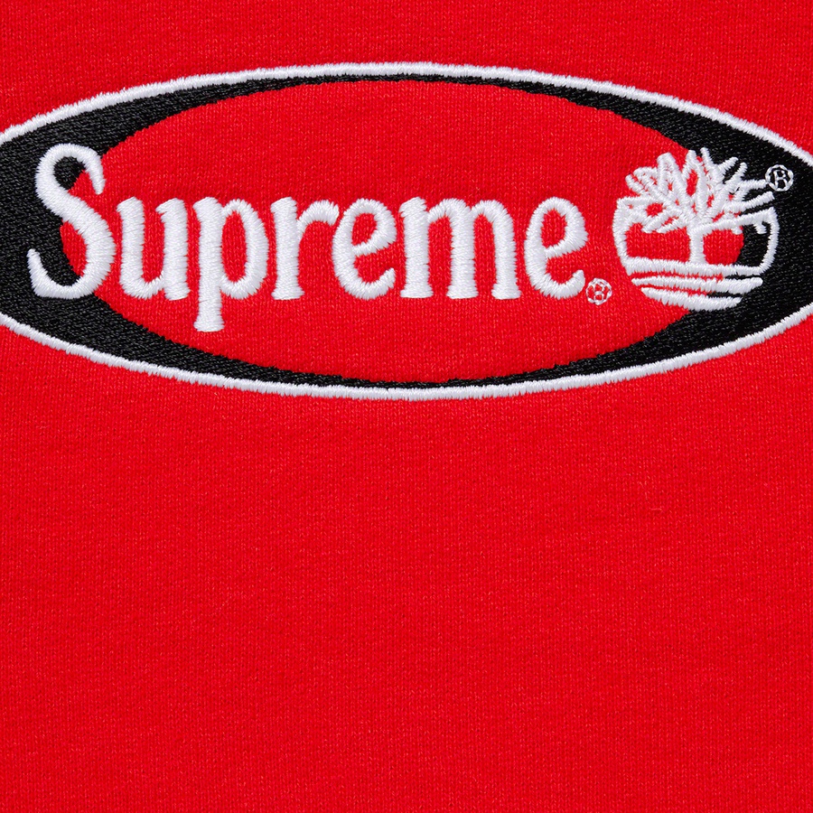 Details on Supreme Timberland Crewneck Red from spring summer
                                                    2021 (Price is $158)
