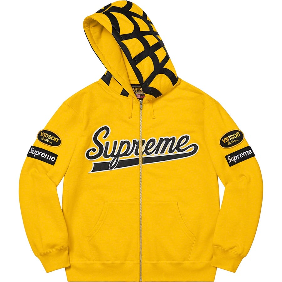 Details on Supreme Vanson Leathers Spider Web Zip Up Hooded Sweatshirt Yellow from spring summer
                                                    2021 (Price is $378)