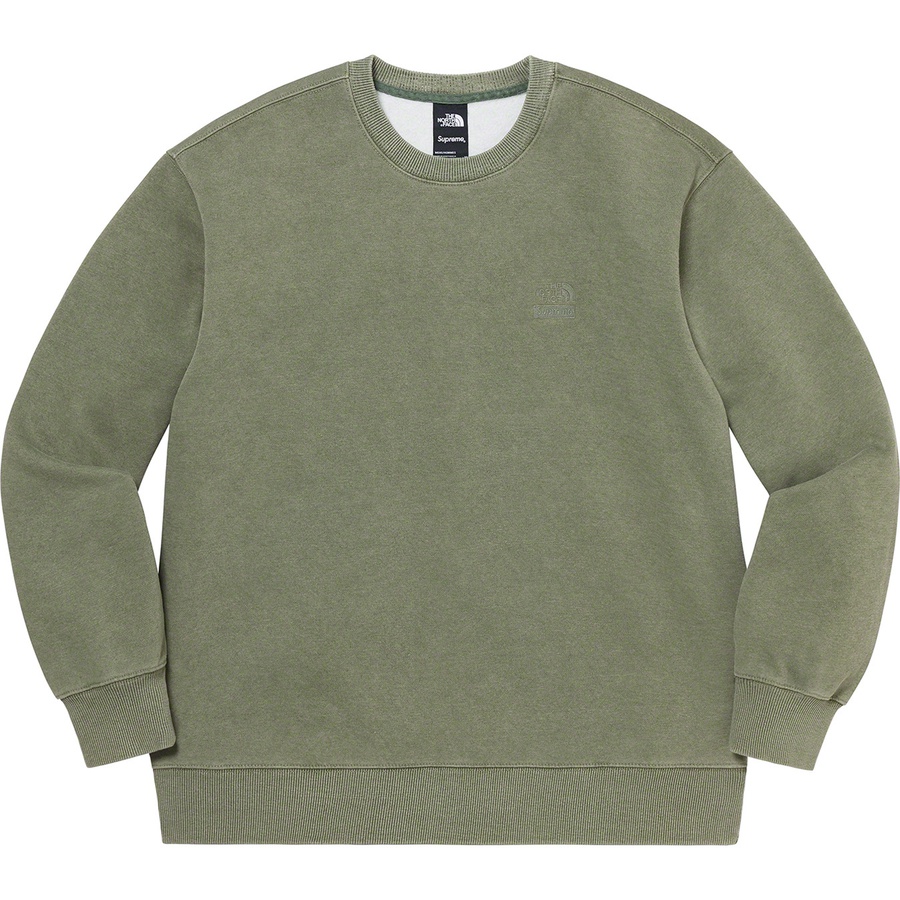 Details on Supreme The North Face Pigment Printed Crewneck Olive from spring summer
                                                    2021 (Price is $138)