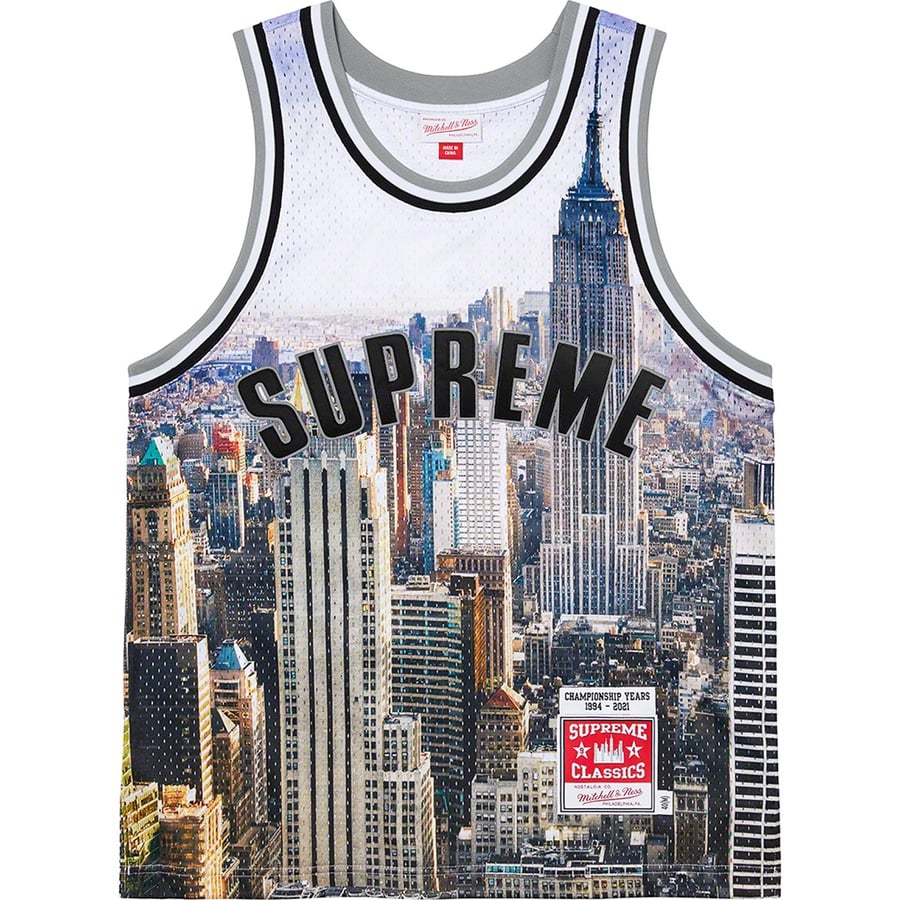 Details on Supreme Mitchell & NessBasketball Jersey Skyline from spring summer
                                                    2021 (Price is $158)