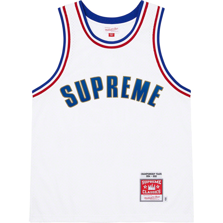 Details on Supreme Mitchell & NessBasketball Jersey White from spring summer
                                                    2021 (Price is $158)