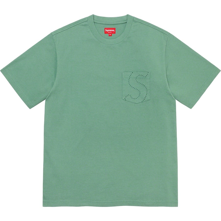 Details on Laser Cut S Logo Pocket Tee Dusty Teal from spring summer
                                                    2021 (Price is $68)