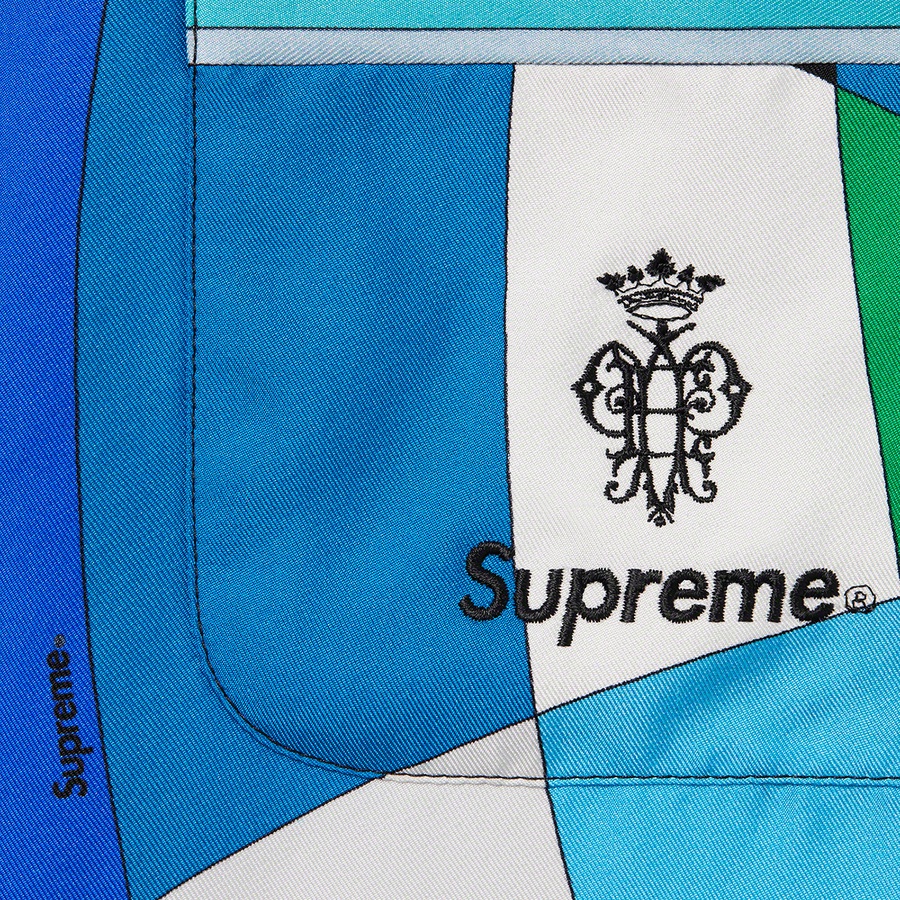 Details on Supreme Emilio Pucci Silk Smoking Jacket Blue from spring summer
                                                    2021 (Price is $1195)