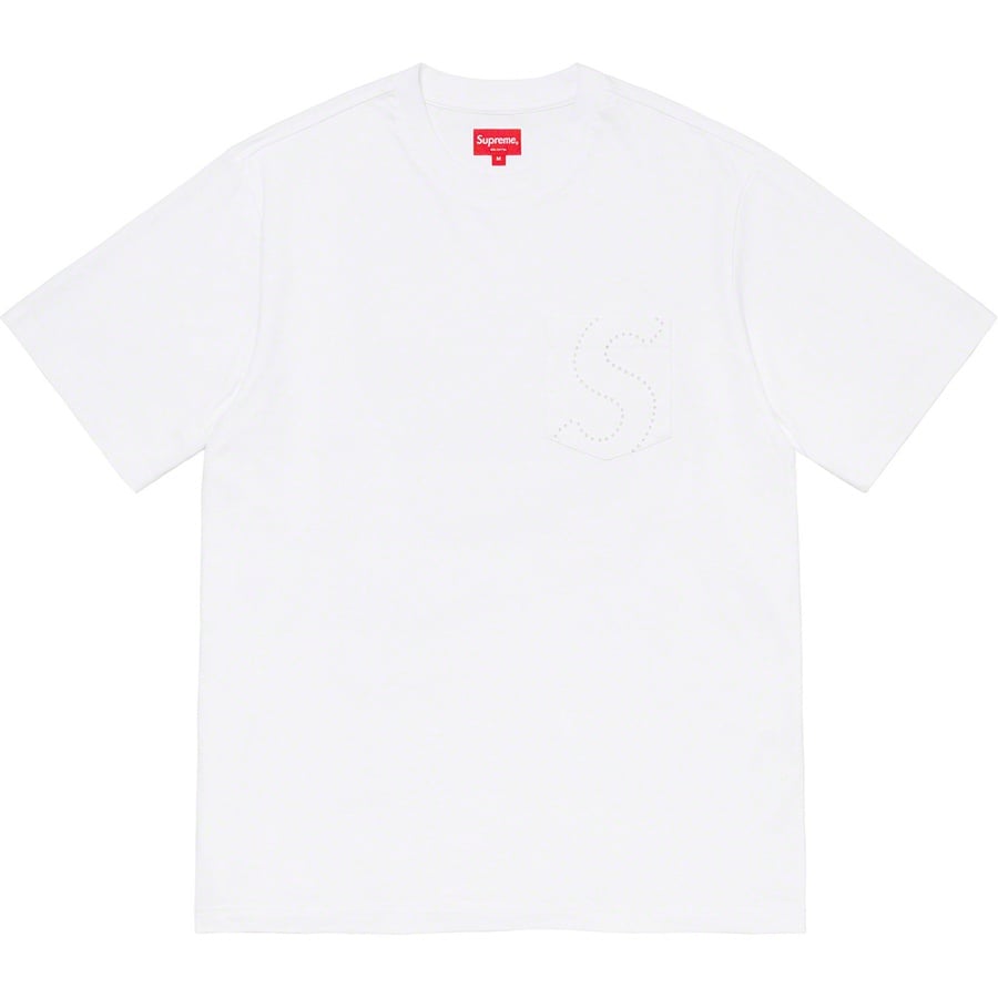 Details on Laser Cut S Logo Pocket Tee White from spring summer
                                                    2021 (Price is $68)