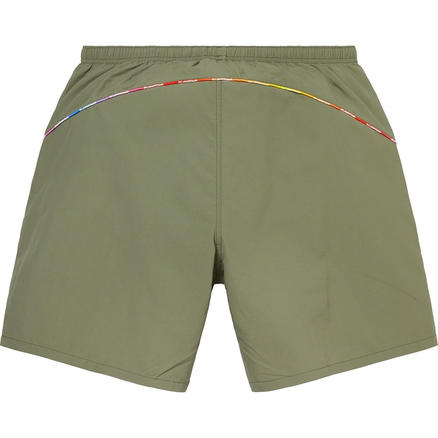 Details on Gradient Piping Water Short Olive from spring summer
                                                    2021 (Price is $110)