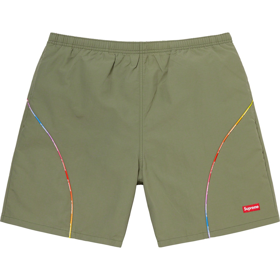Details on Gradient Piping Water Short Olive from spring summer
                                                    2021 (Price is $110)