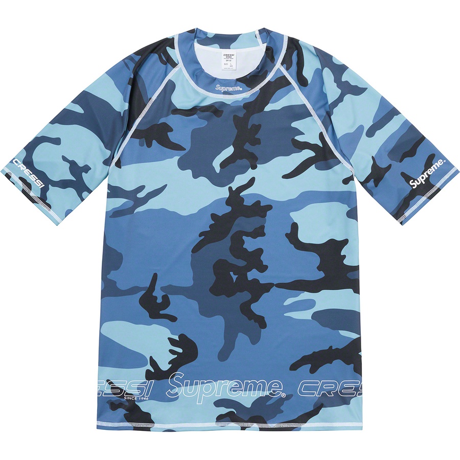 Details on Supreme Cressi Rash Guard Blue Camo from spring summer
                                                    2021 (Price is $68)