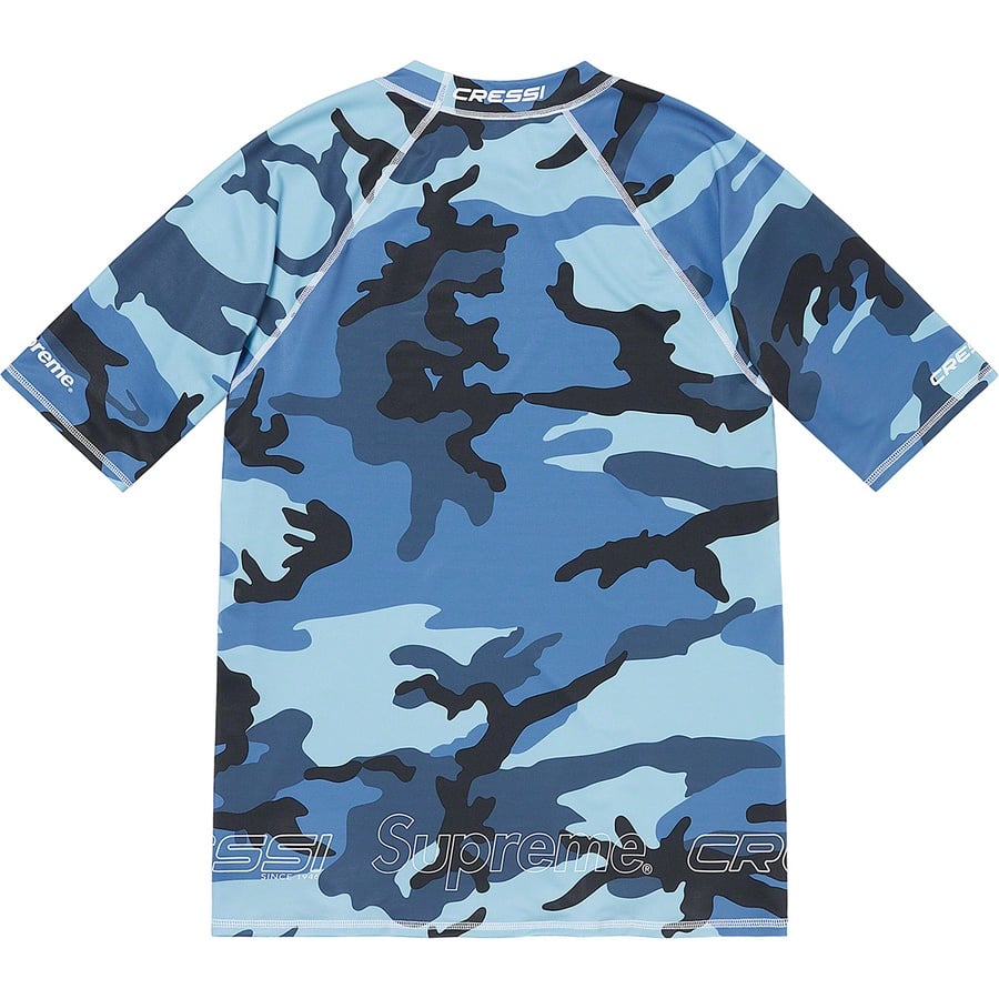 Details on Supreme Cressi Rash Guard Blue Camo from spring summer
                                                    2021 (Price is $68)
