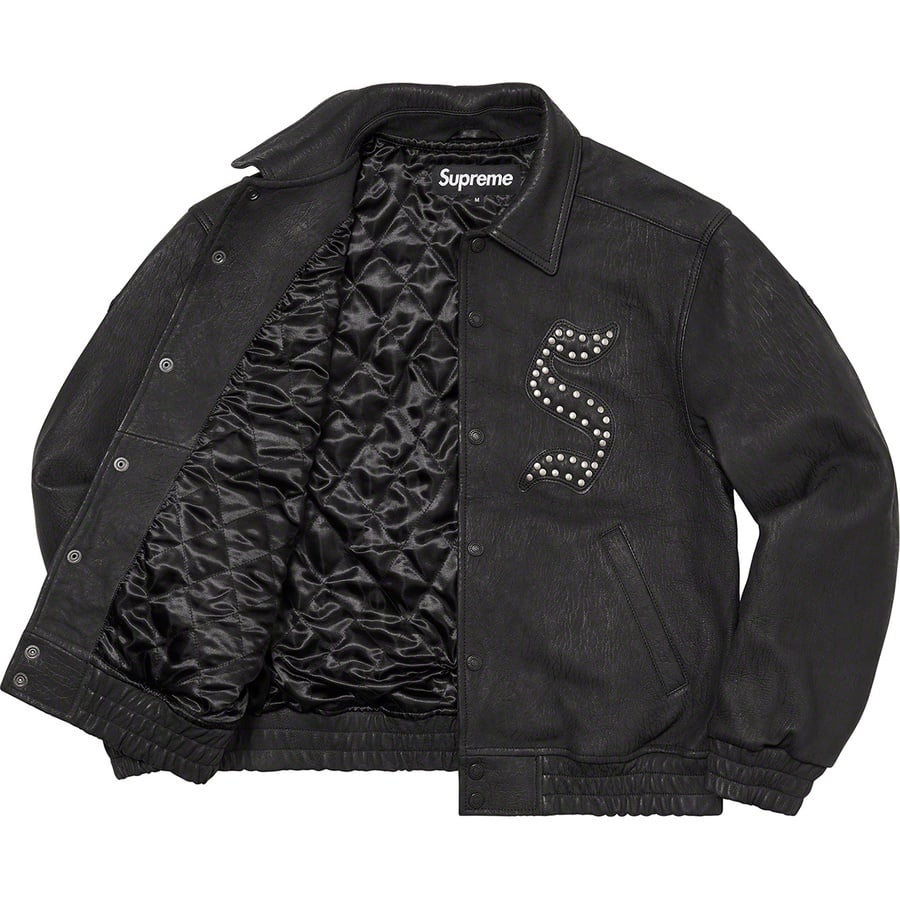 Details on Pebbled Leather Varsity Jacket Black from fall winter
                                                    2021 (Price is $798)