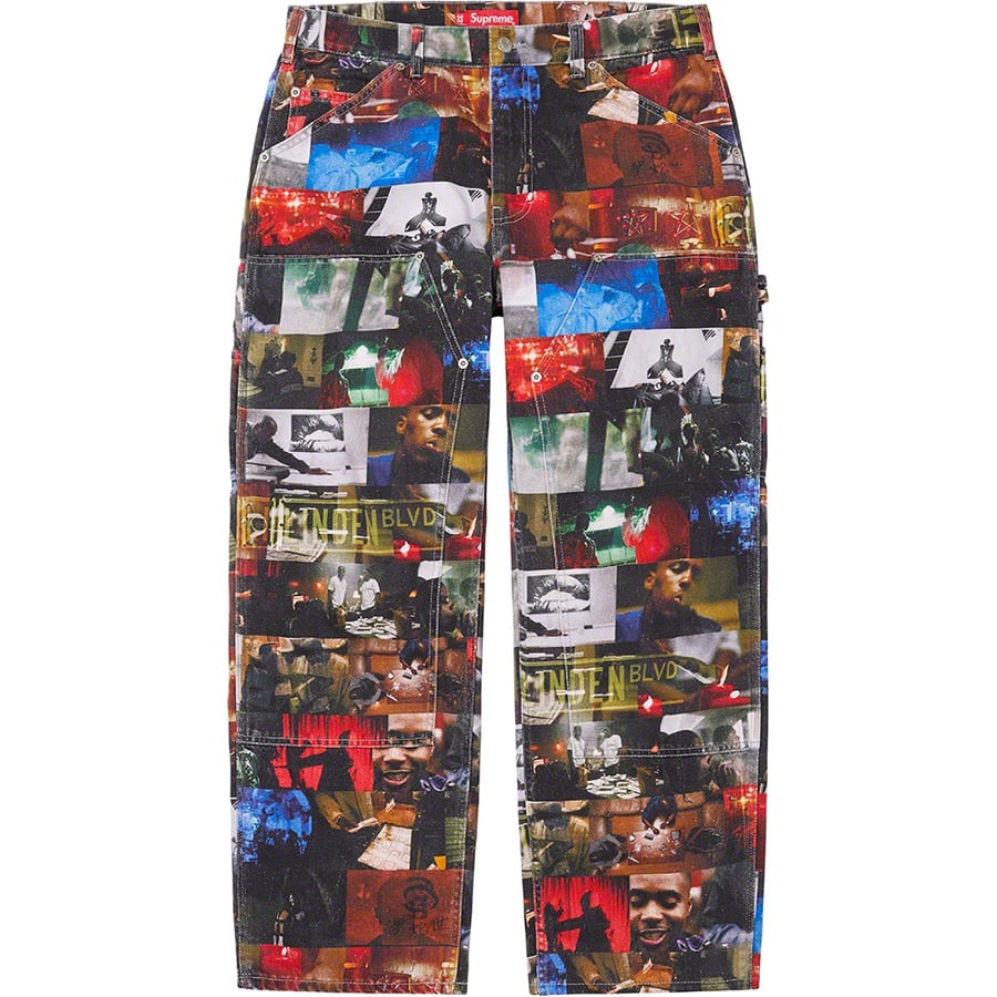 Details on Nas and DMX Collage Double Knee Denim Painter Pant Multicolor from fall winter 2021 (Price is $178)