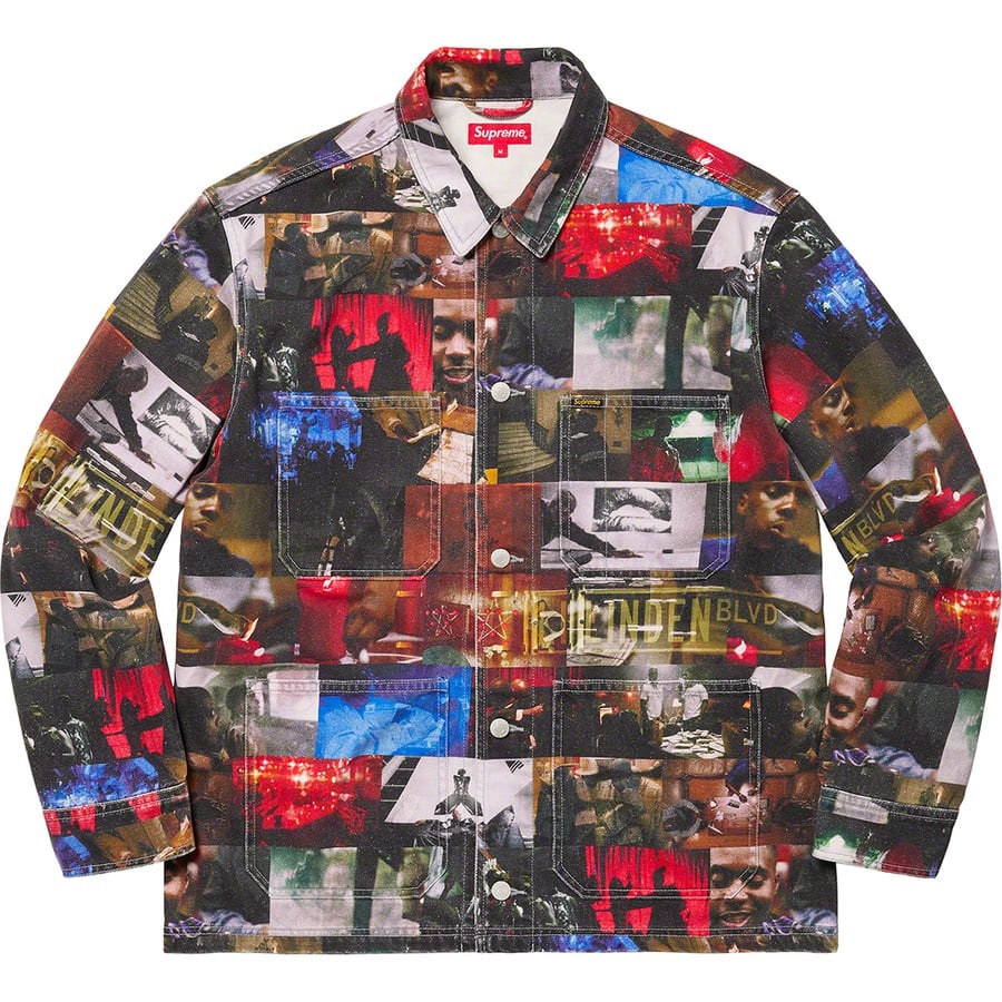 Details on Nas and DMX Collage Denim Chore Coat Multicolor from fall winter
                                                    2021 (Price is $198)