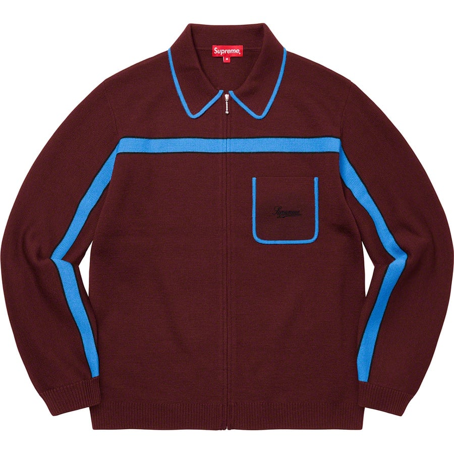 Details on Chest Stripe Zip Up Cardigan Burgundy from fall winter
                                                    2021 (Price is $168)
