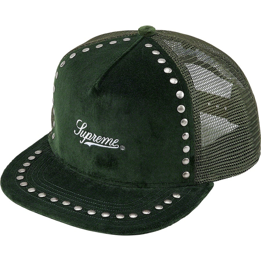 Details on Studded Velvet Mesh Back 5-Panel Green from fall winter
                                                    2021 (Price is $46)