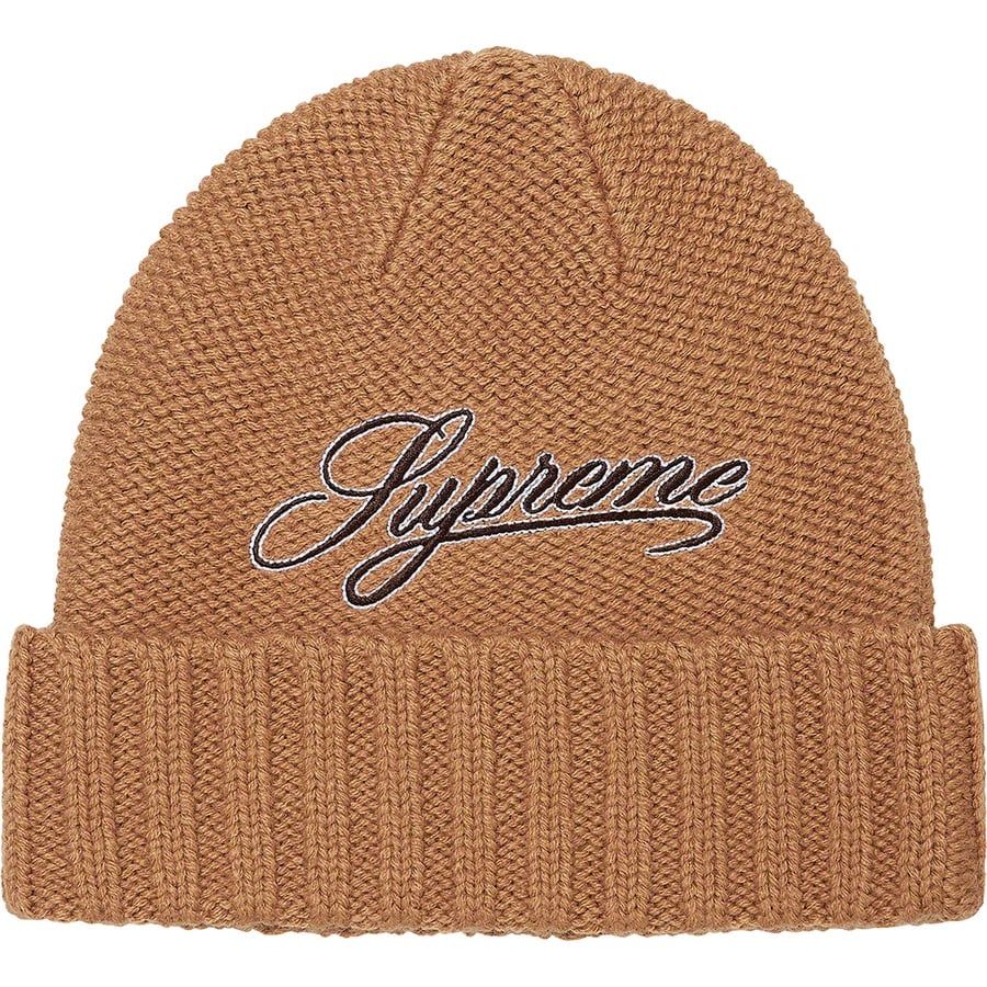 Details on Script Logo Beanie Tan from fall winter 2021 (Price is $38)