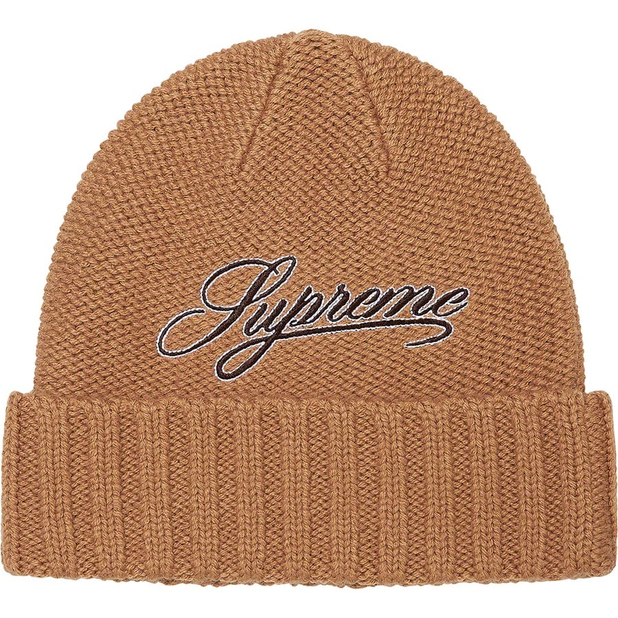 Details on Script Logo Beanie Tan from fall winter
                                                    2021 (Price is $38)