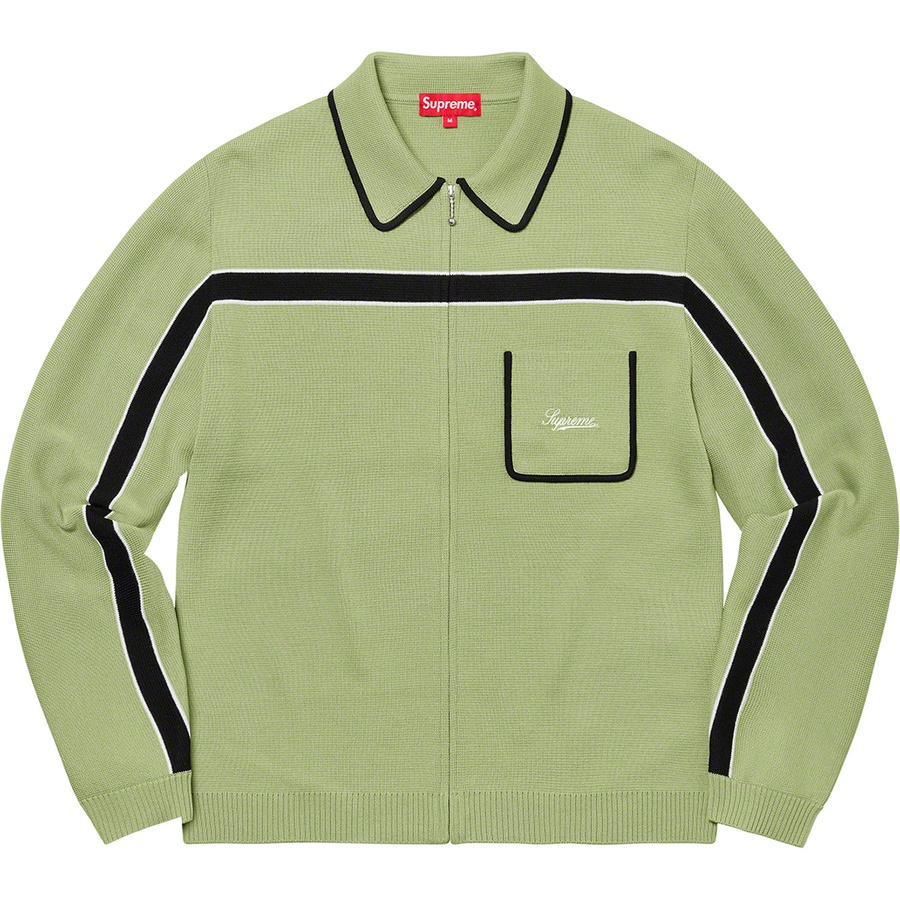 Details on Chest Stripe Zip Up Cardigan Dusty Green from fall winter
                                                    2021 (Price is $168)