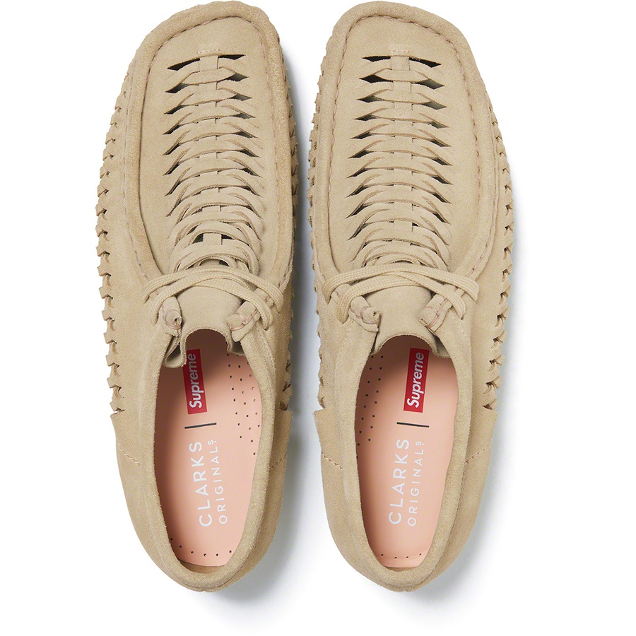 Details on Supreme Clarks Originals Woven Wallabee Tan from fall winter
                                                    2021 (Price is $178)