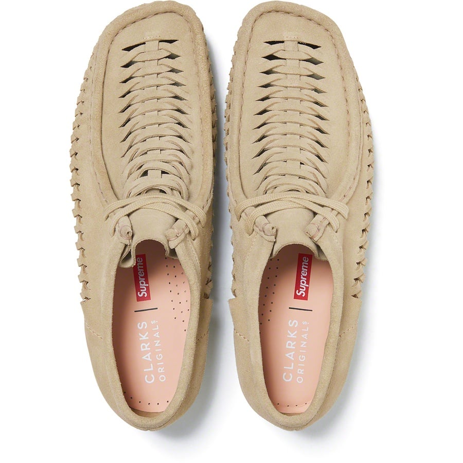 Details on Supreme Clarks Originals Woven Wallabee Tan from fall winter
                                                    2021 (Price is $178)