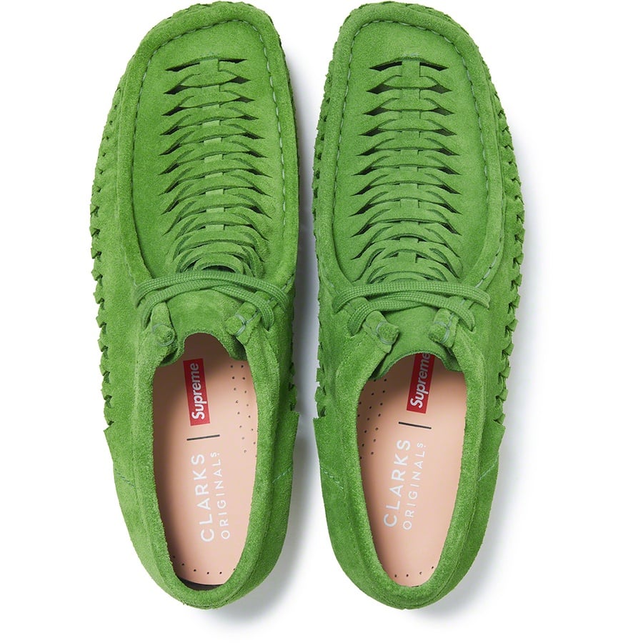Details on Supreme Clarks Originals Woven Wallabee Green from fall winter
                                                    2021 (Price is $178)