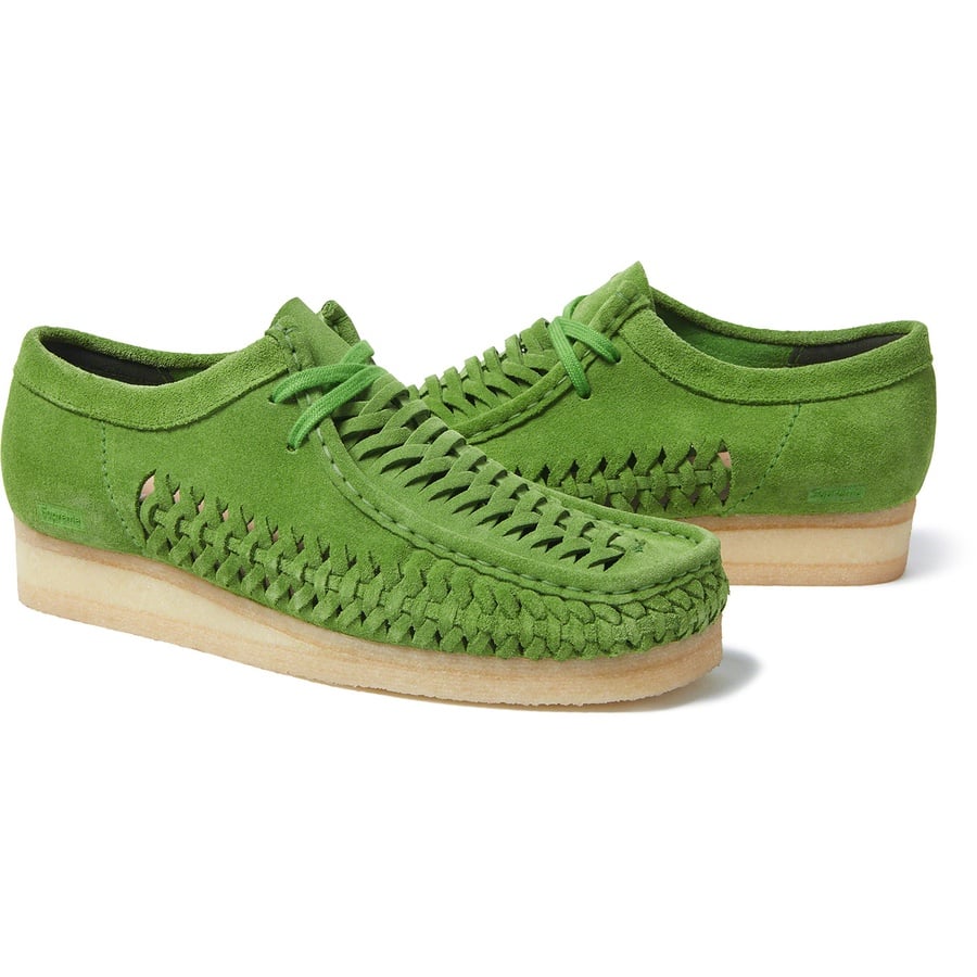 Details on Supreme Clarks Originals Woven Wallabee Green from fall winter
                                                    2021 (Price is $178)