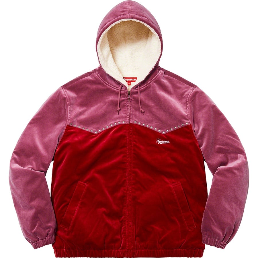 Details on Studded Velvet Hooded Work Jacket Red from fall winter
                                                    2021 (Price is $228)