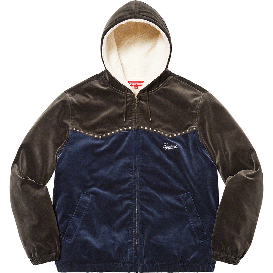 Details on Studded Velvet Hooded Work Jacket Navy from fall winter 2021 (Price is $228)