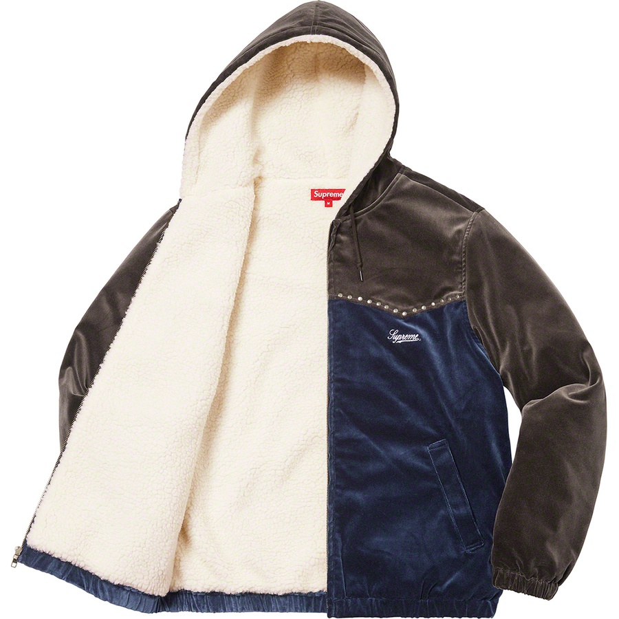 Details on Studded Velvet Hooded Work Jacket Navy from fall winter
                                                    2021 (Price is $228)