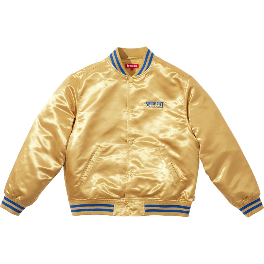 Details on Supreme Thrasher Satin Varsity Jacket  from fall winter
                                                    2021 (Price is $198)