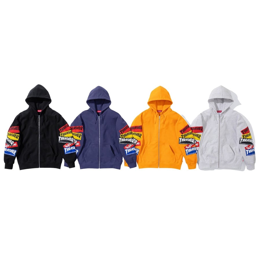Details on Supreme Thrasher Multi Logo Zip Up Hooded Sweatshirt from fall winter 2021 (Price is $168)
